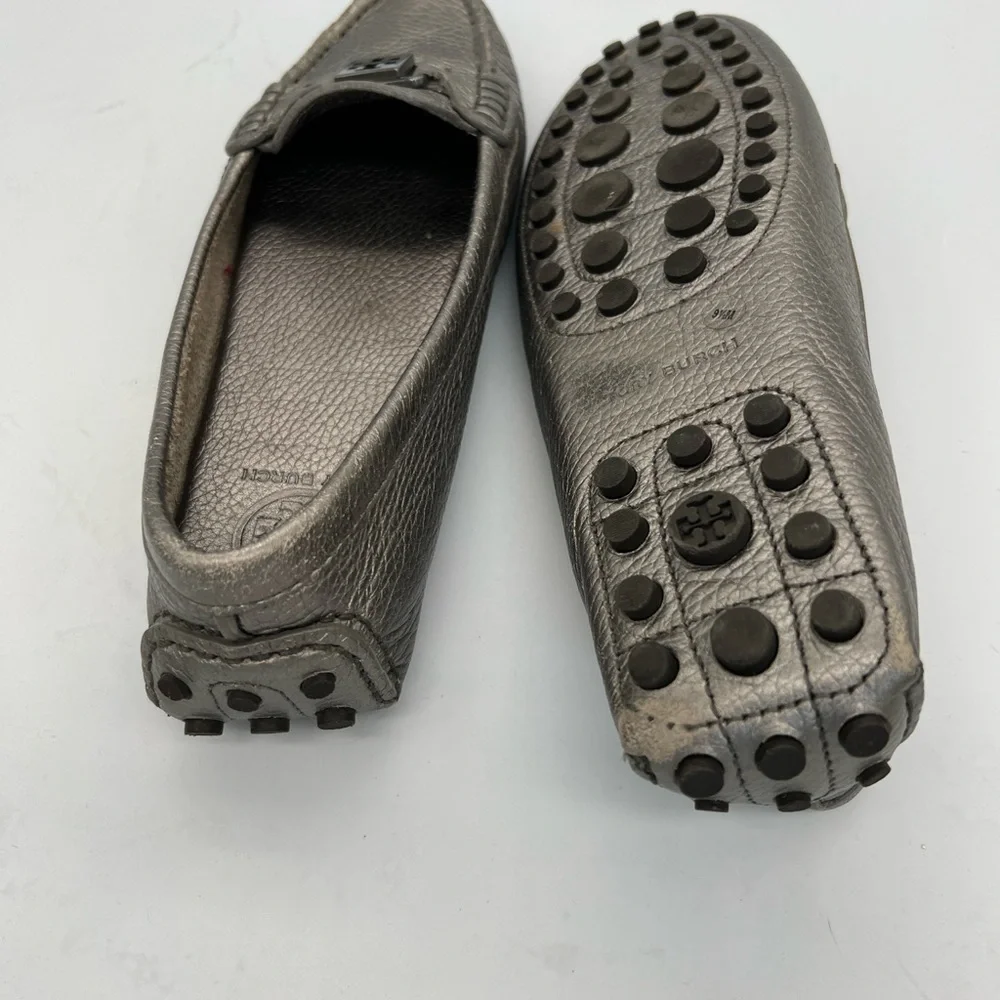 Tory Burch Metallic Pewter Leather Driving Loafers